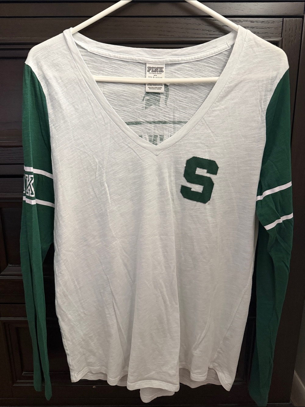 PINK Victoria's Secret MSU White V-Neck Long Sleeve Top with Green Sleeves
